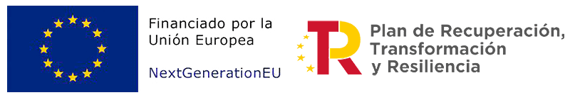 Bandera de la Unión Europea y "Financiado por la Unión Europea NextGenerationEU" a la izquierda. A la derecha, un logo con "Plan de Recuperación, Transformación y Resiliencia.